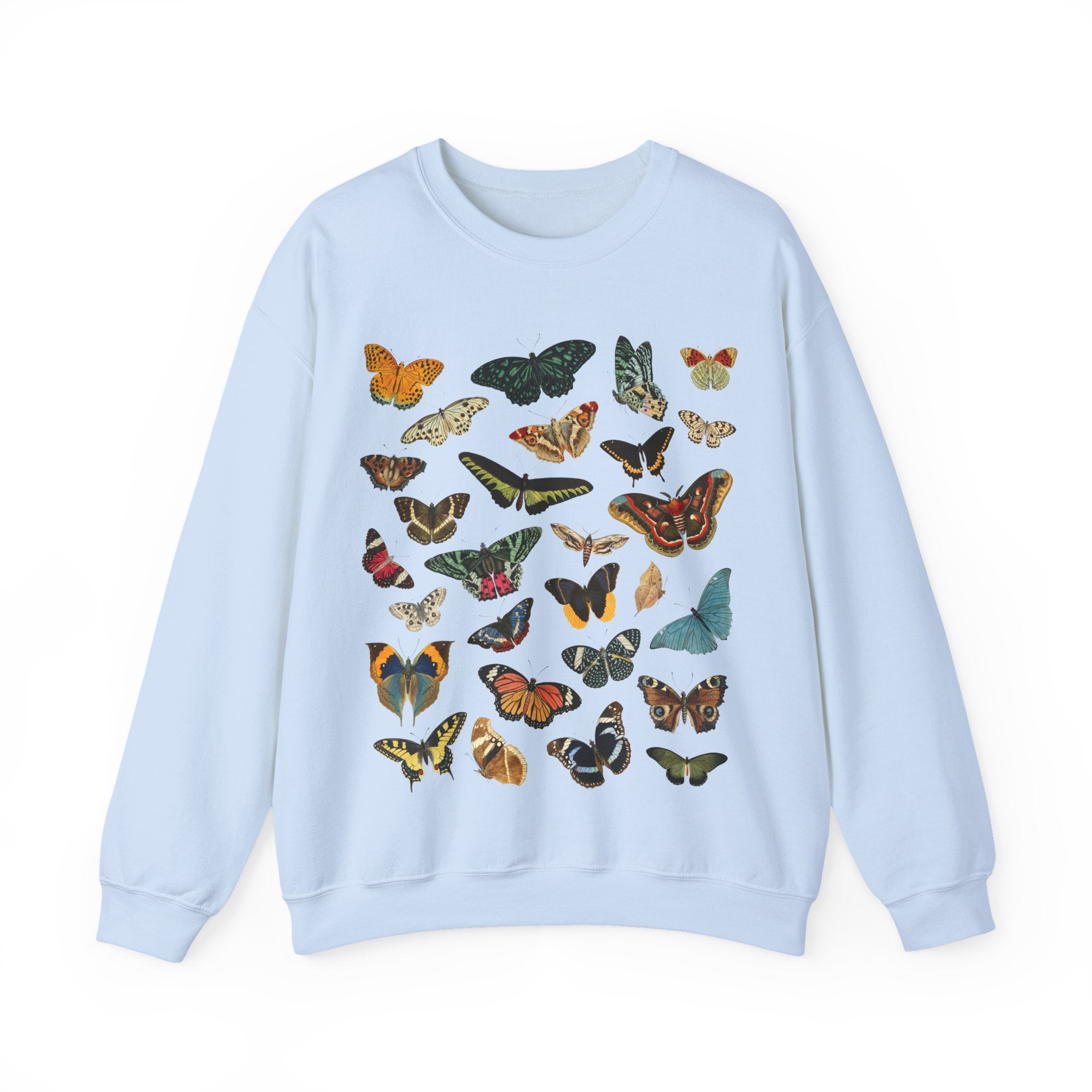 Light blue sweatshirt with colorful butterfly patterns on a white background