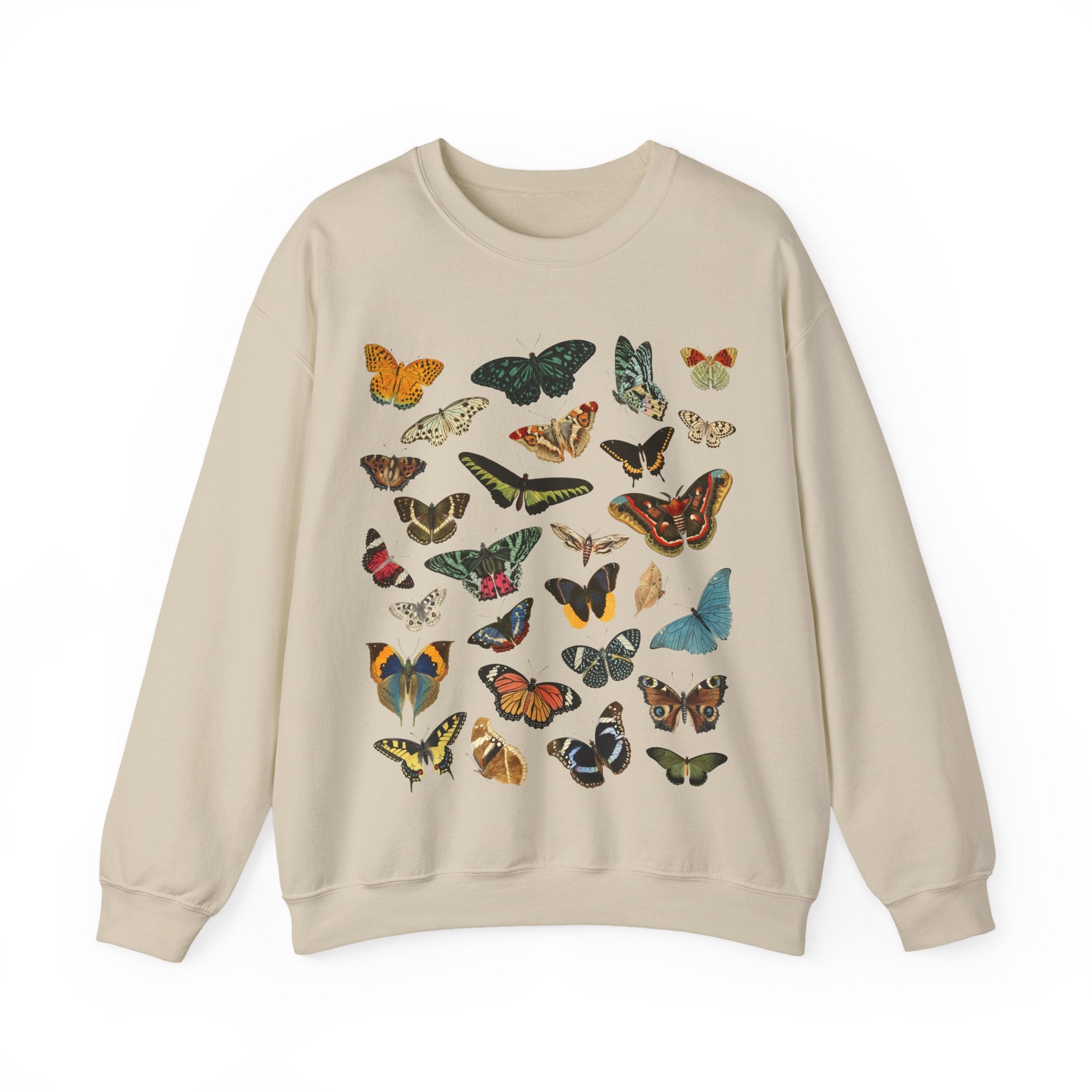 Gildan 18000 Sand sweatshirt with colorful butterfly designs on a white background, Beige sweatshirt