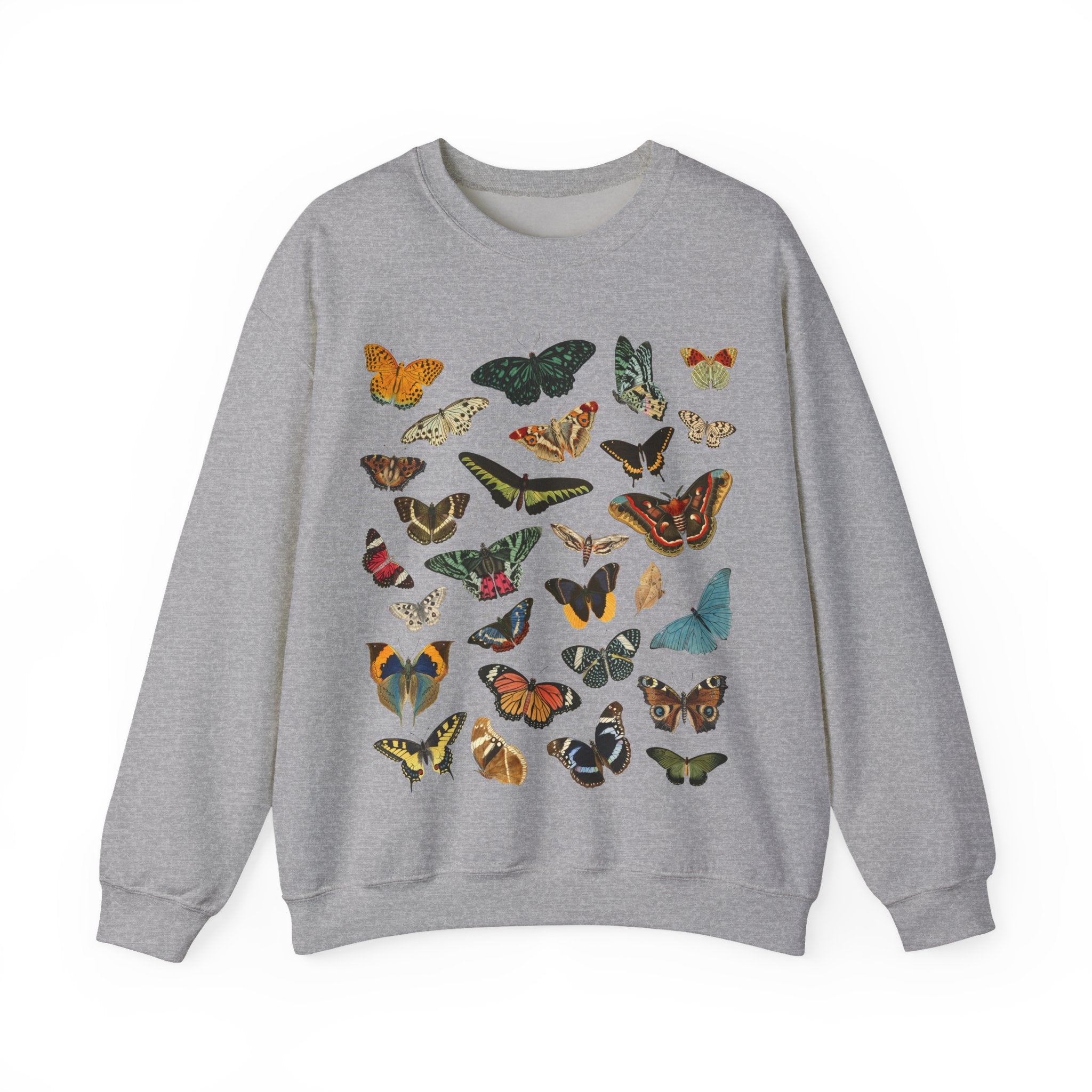 Gildan Sport Gray sweatshirt with colorful butterfly designs on a white background