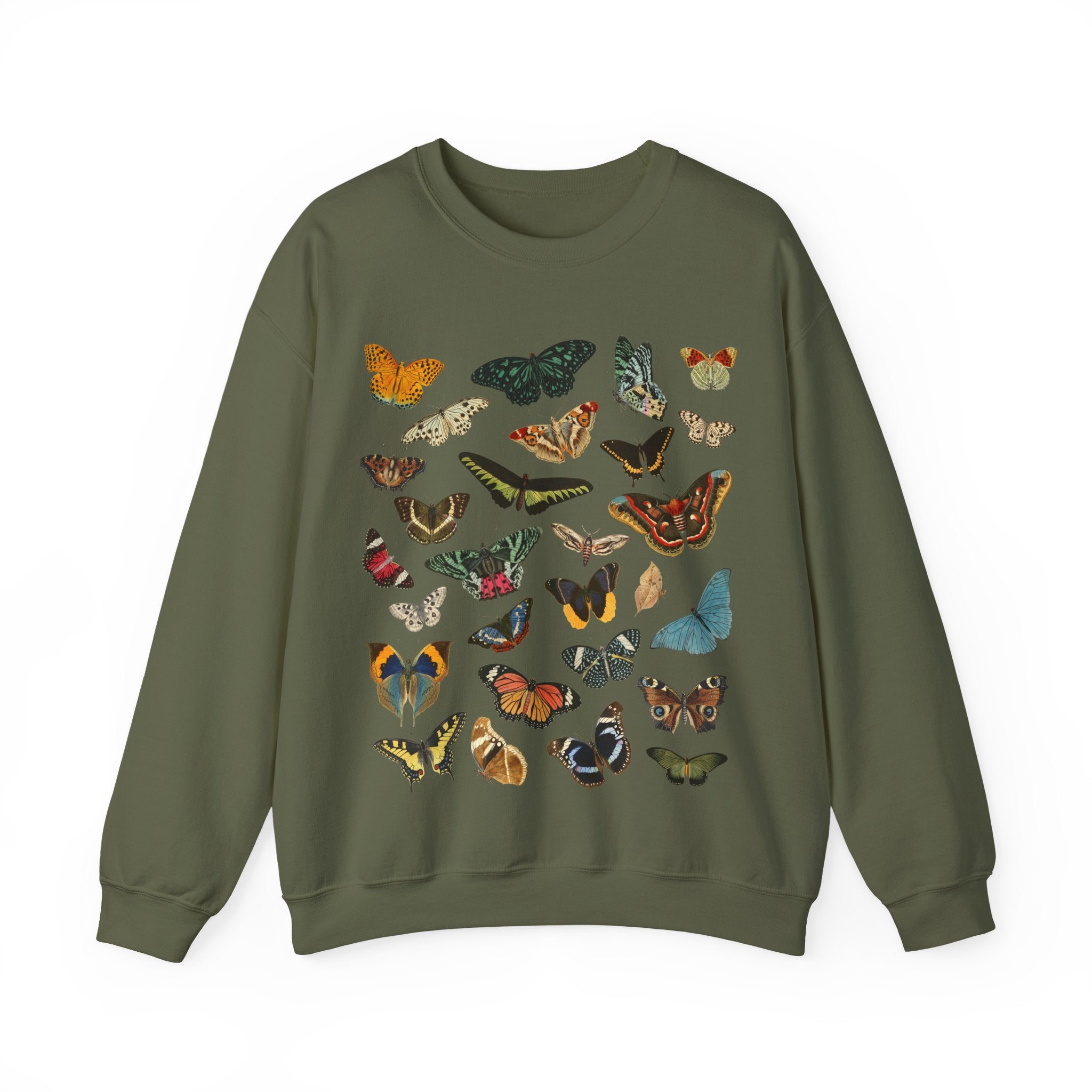 Gildan Military Green sweatshirt with  butterfly & Moth designs on a white background