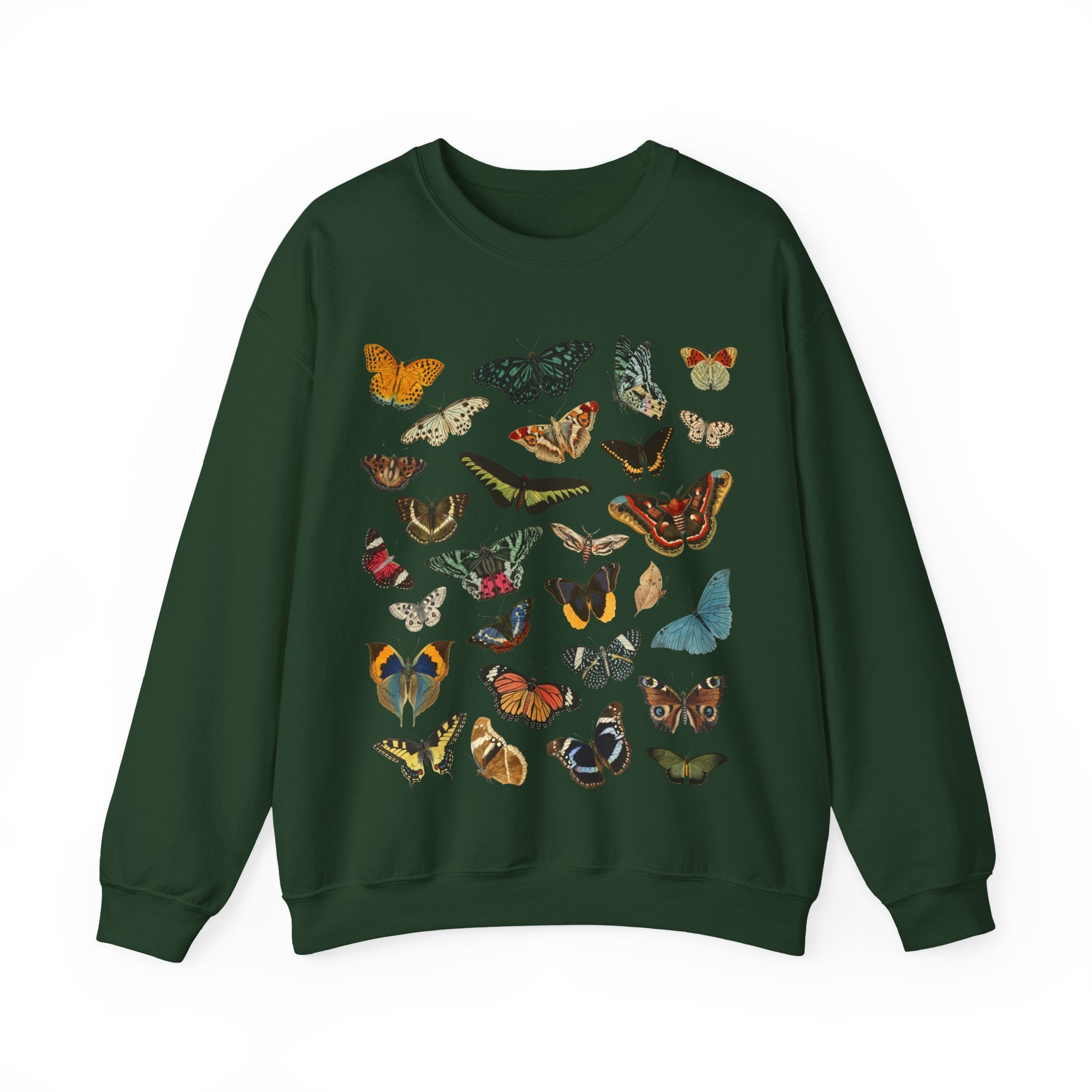 Forest Green sweatshirt with colorful butterfly designs on a white background, Gildan 18000