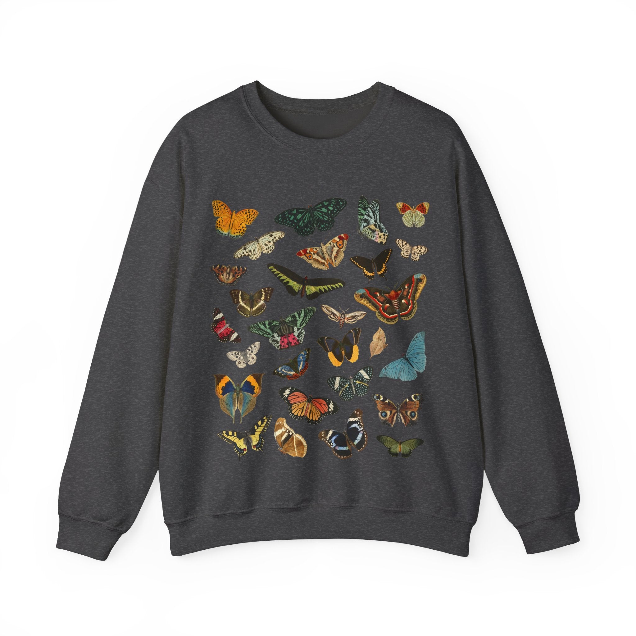 Dark Heather gray sweatshirt with colorful butterfly designs on a white background