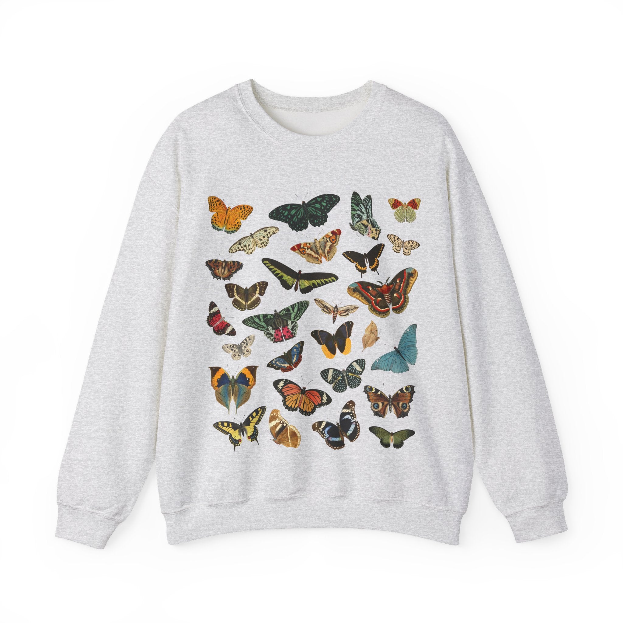 Ash Gray sweatshirt with colorful butterfly patterns on a white background