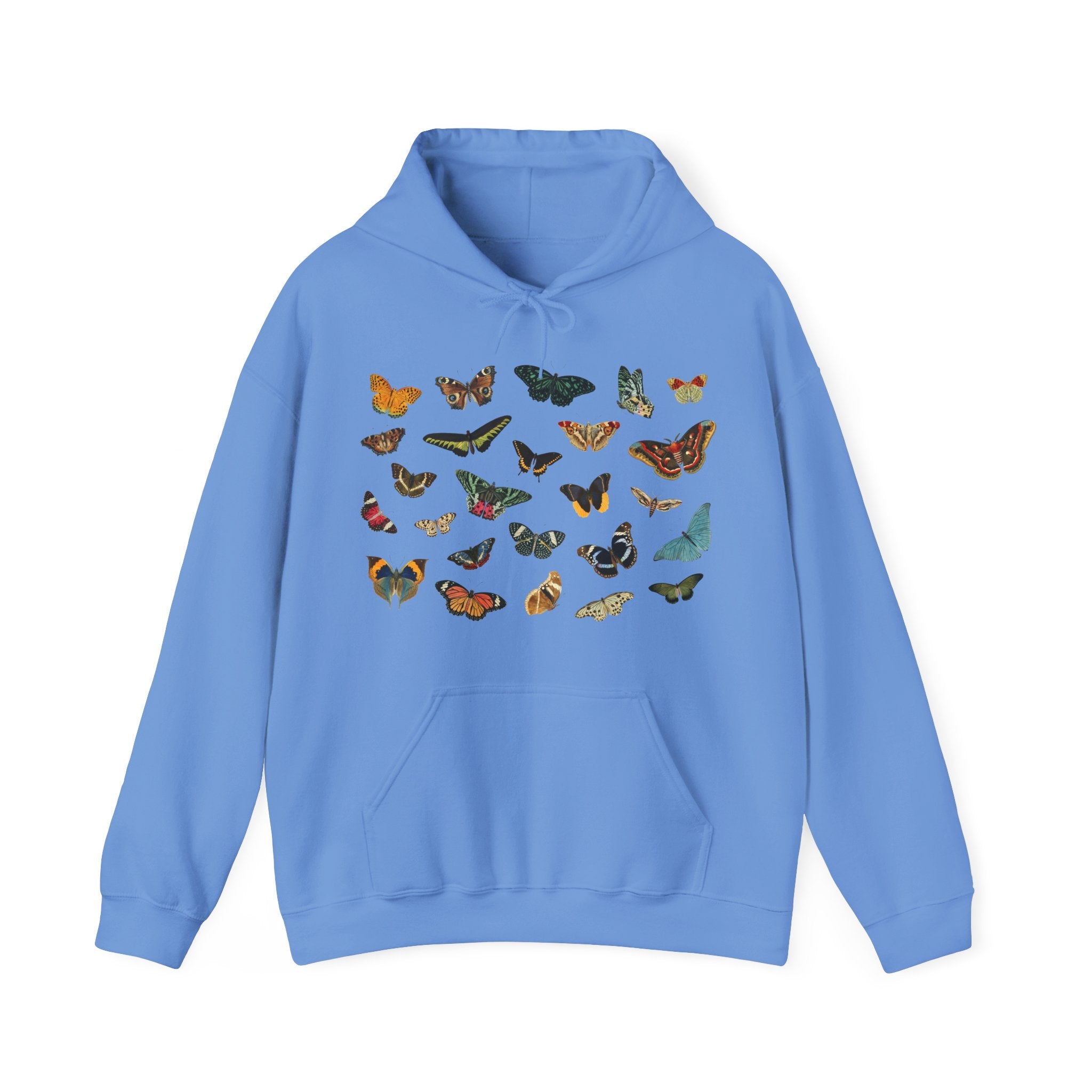 Caroline Blue Gildan Hooded Sweatshirt with beautiful butterfly & moth printed design.