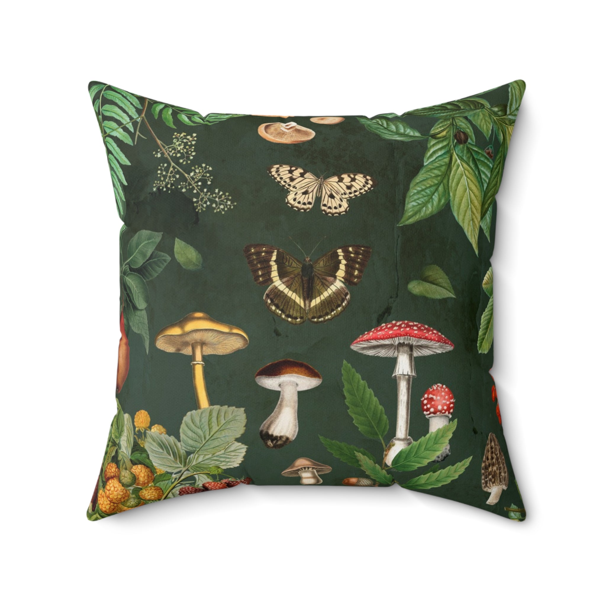 Decorative pillow with nature-themed design featuring mushrooms, butterflies, and leaves on a dark green background. 20x20" pillow with insert