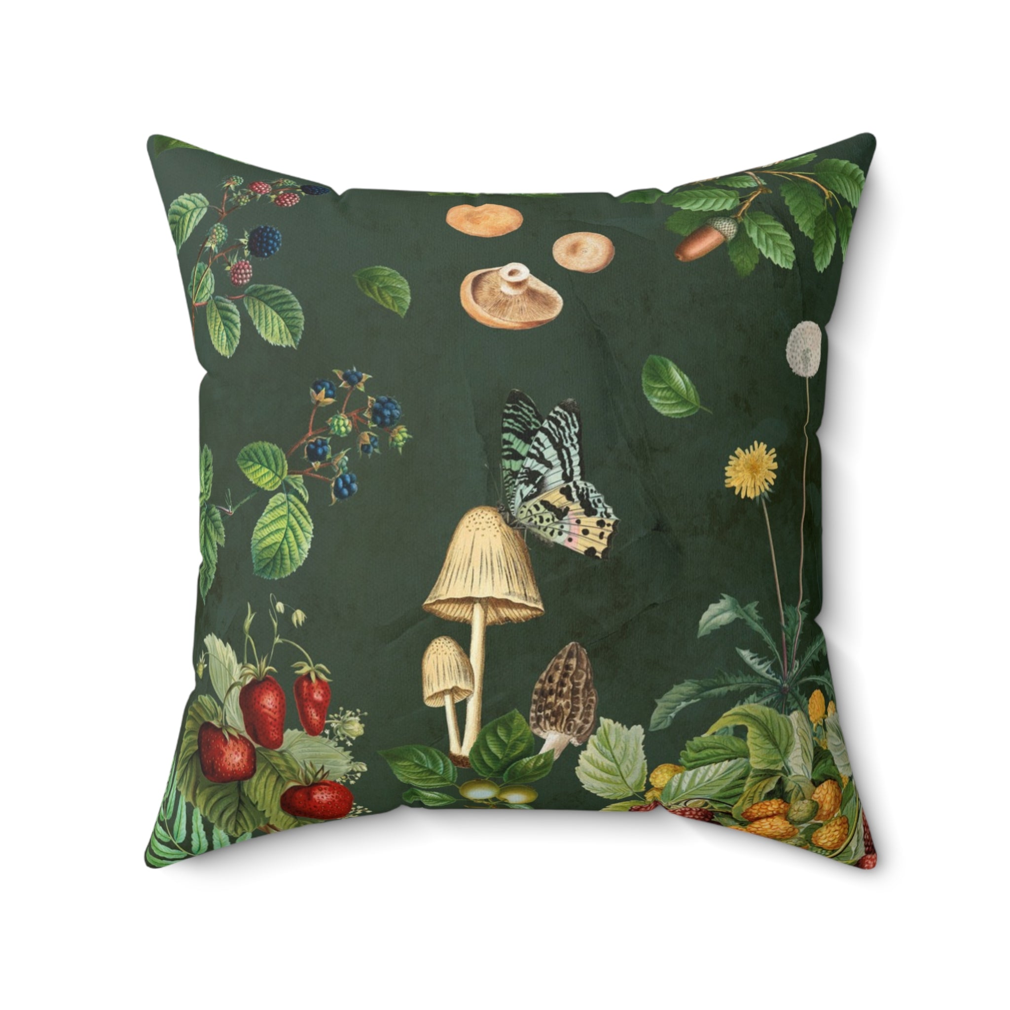 Decorative pillow with nature-themed design featuring mushrooms, leaves, and berries on a dark green background. Back side of 20x20" pillow with insert.