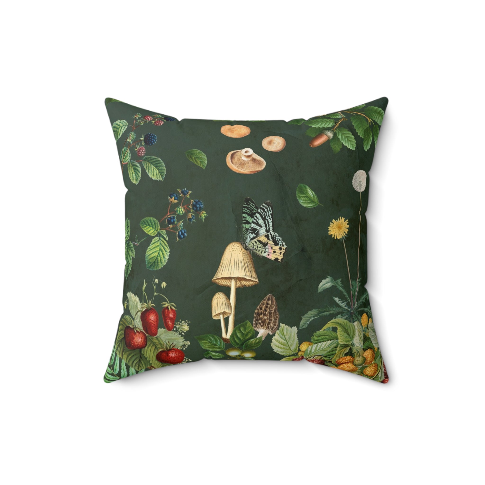 Decorative pillow with nature-themed design featuring mushrooms and plants on a dark green background. 16x16" pillow with insert. Cottagecore Accent Pillow