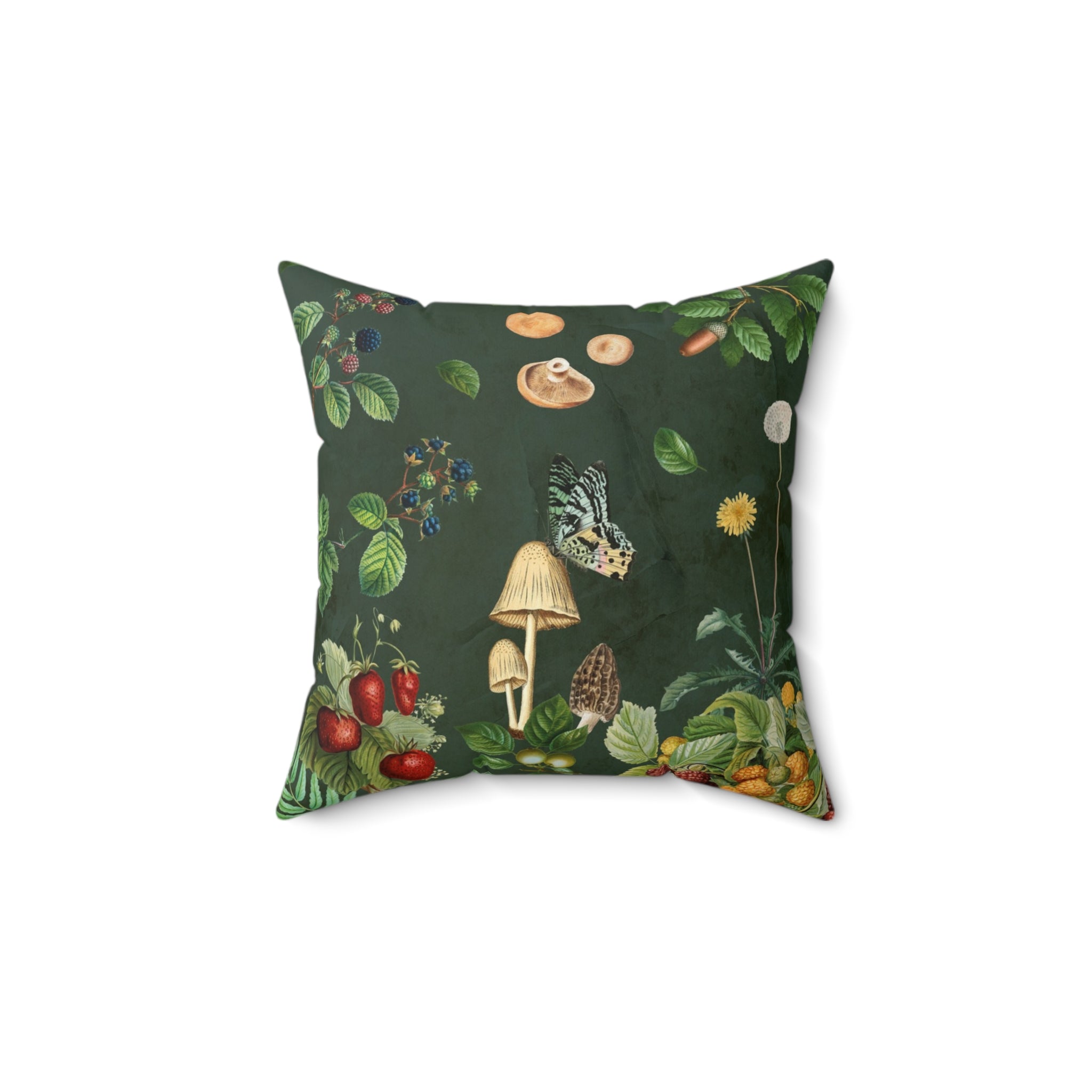 Decorative pillow with nature-themed design featuring mushrooms and plants on a green background. 14x14" pillow with insert. Cottagecore Vintage Style Pillow