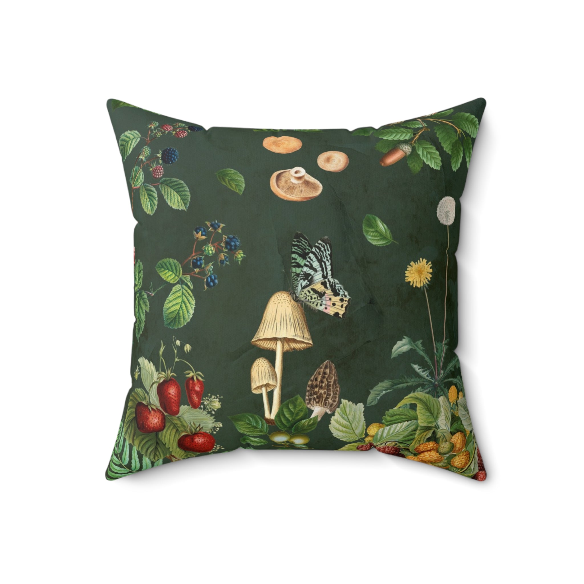 Decorative pillow with nature-themed design featuring mushrooms, leaves, and berries on a dark green background. 18x18" pillow with insert. Dark Academia Pillow. Cottagecore Aesthetic 