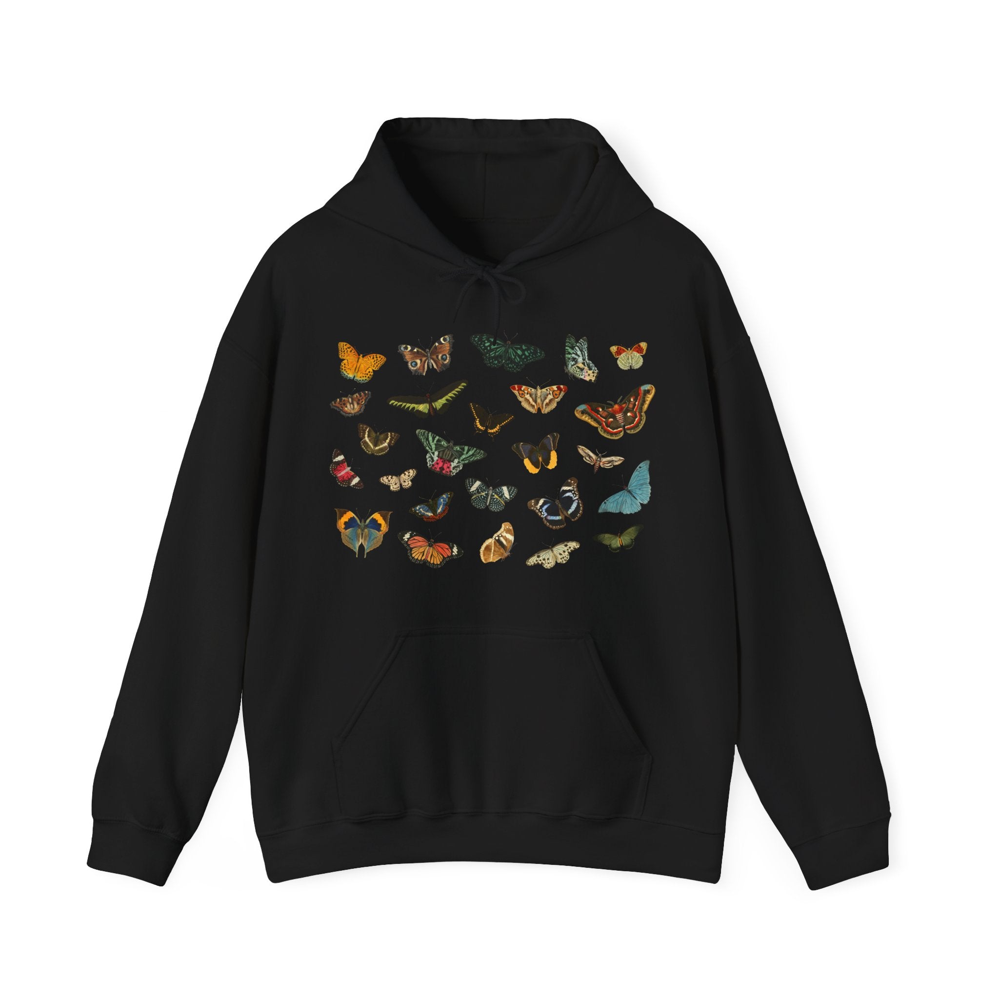 Black hoodie with colorful butterfly designs on a white background