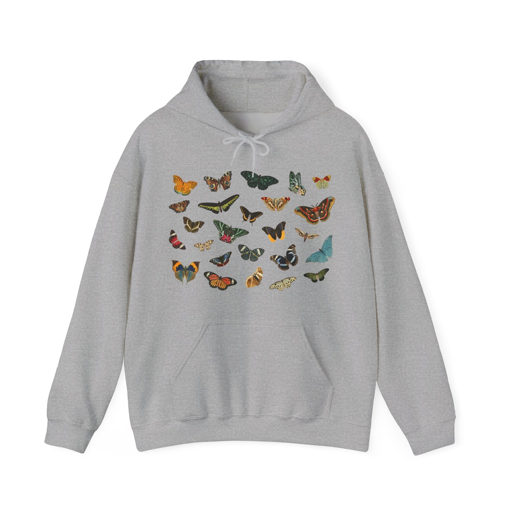 Gray hoodie with colorful butterfly patterns on a white background