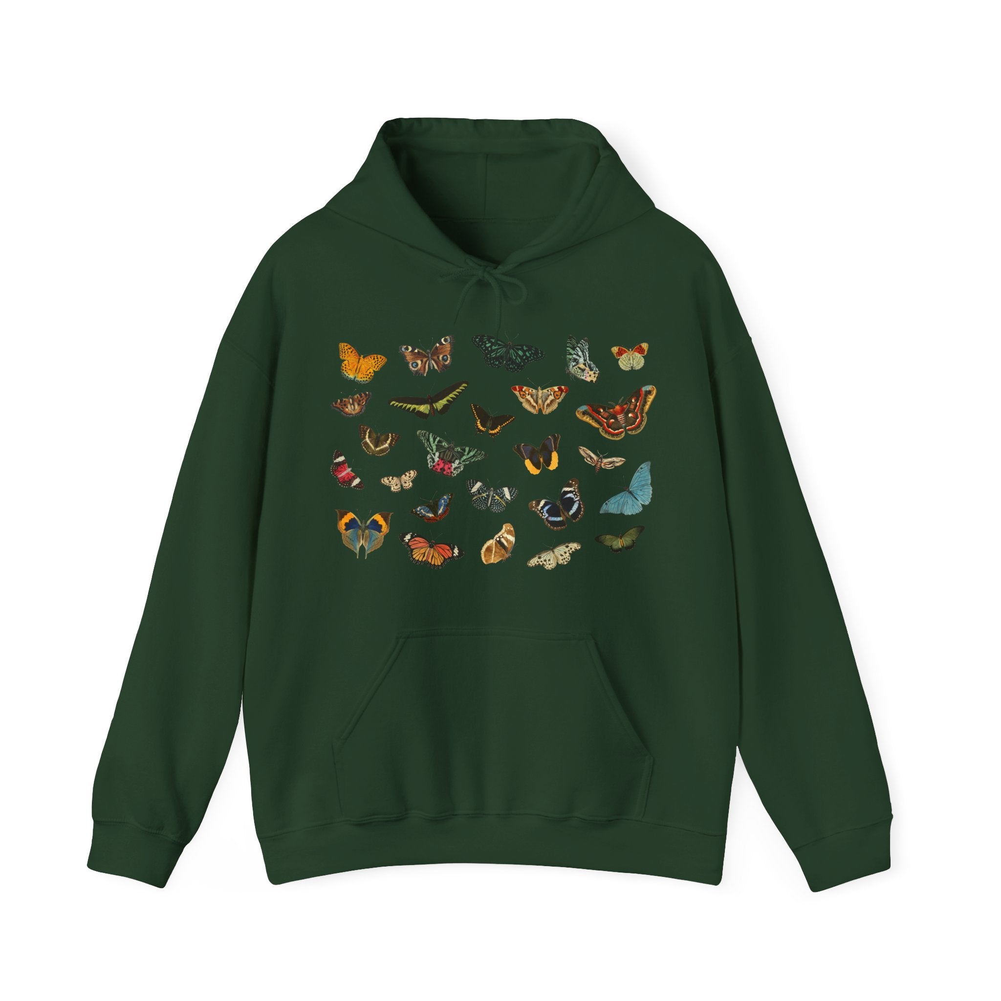 Green hoodie with butterfly designs on a white background