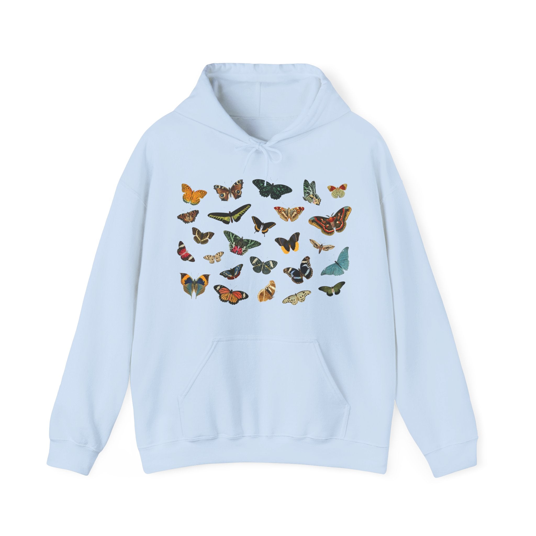 Light blue hoodie with colorful butterfly patterns on a white background