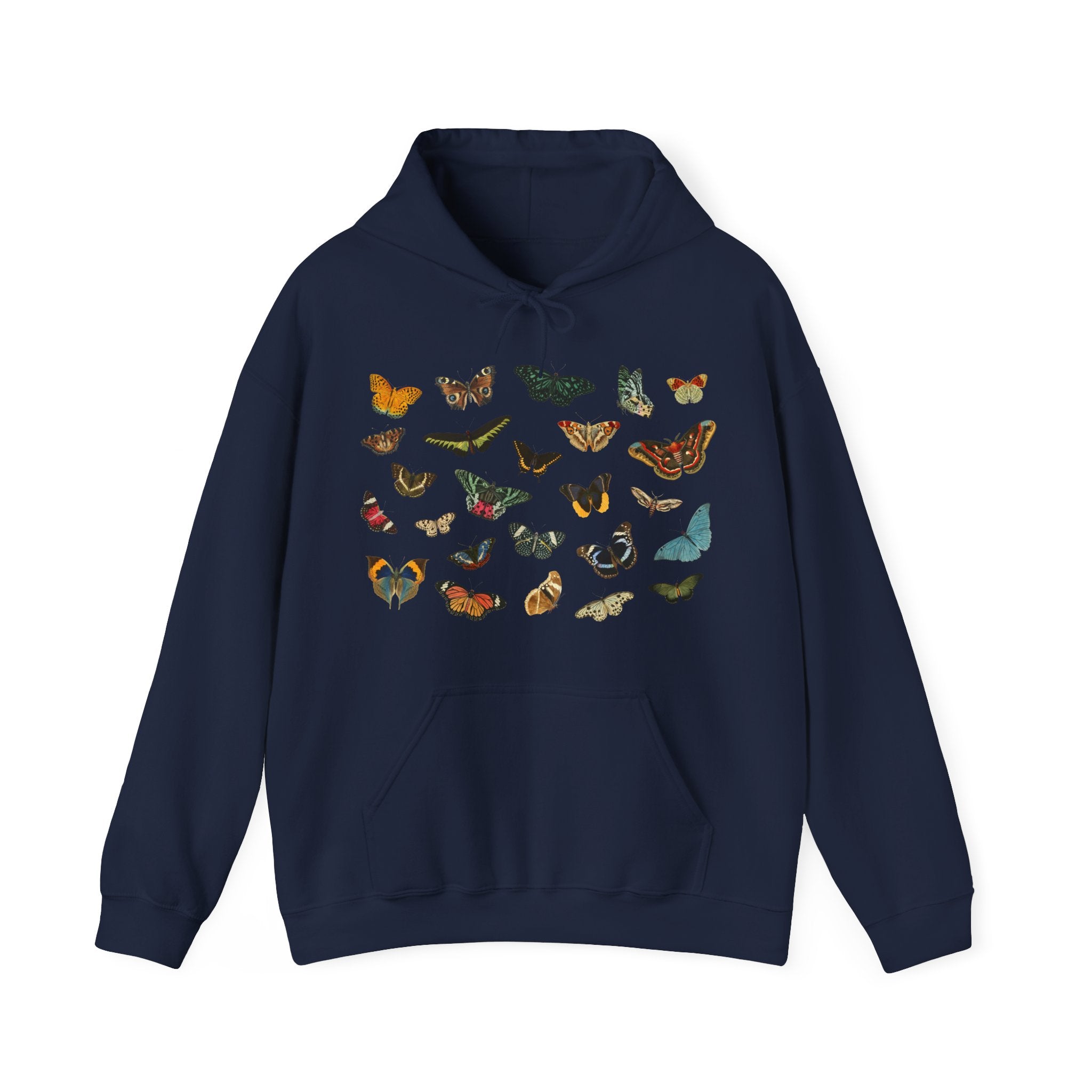 Navy blue hoodie with colorful butterfly pattern on a white background