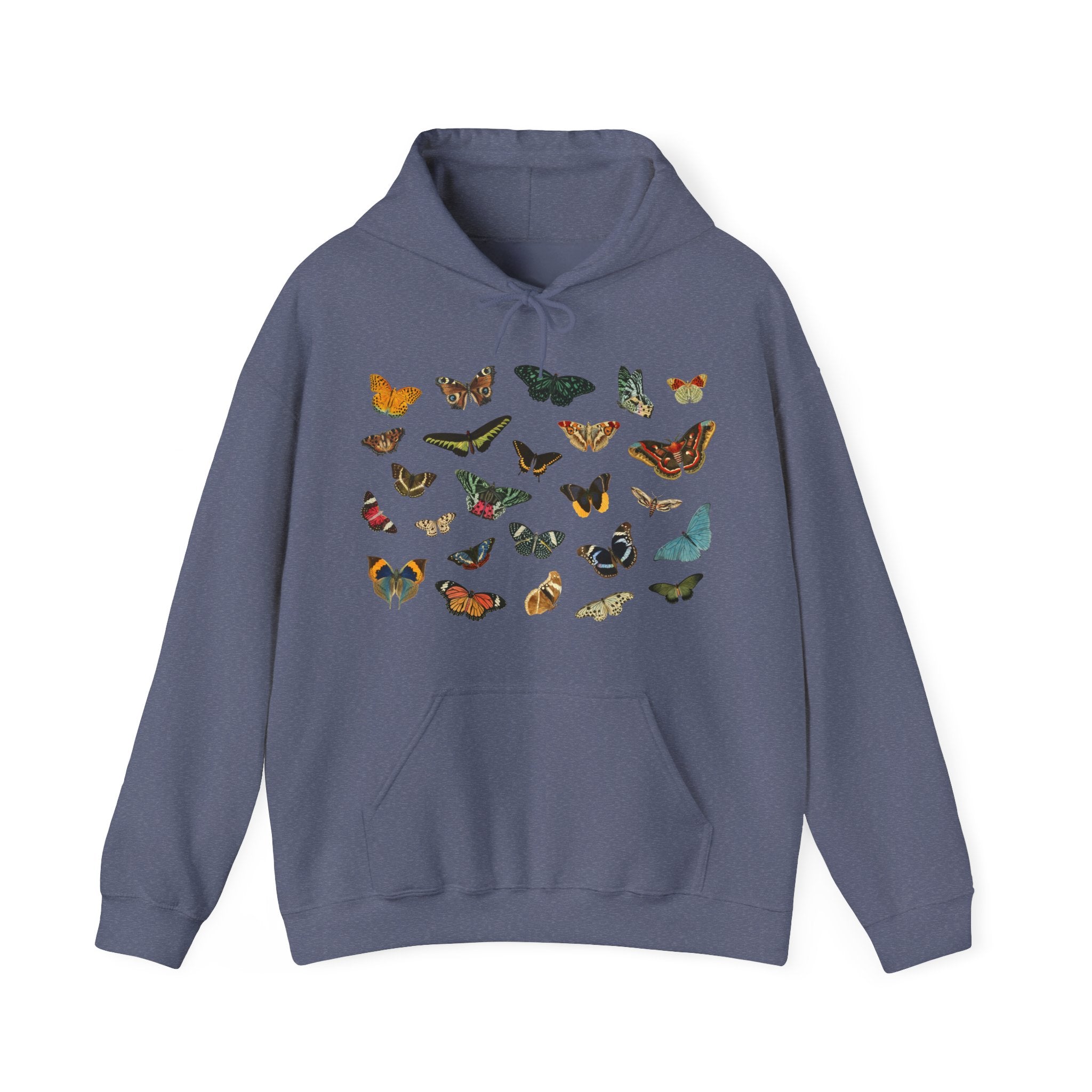 Heather Navy hoodie with colorful butterfly designs on a white background