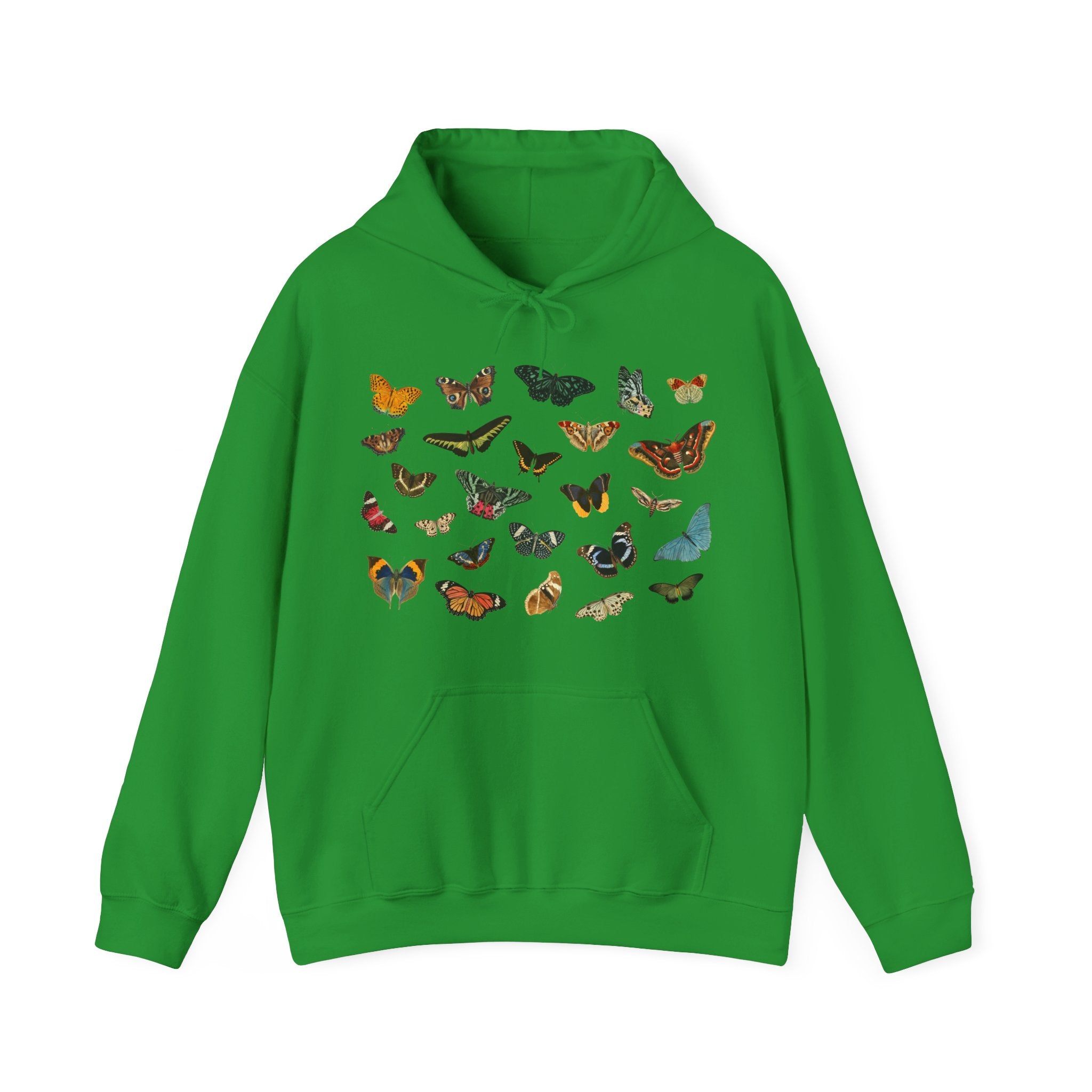 Green hoodie with butterfly designs on a white background, Bright green hooded sweatshirt, Gildan Irish Green Hooded Sweatshirt