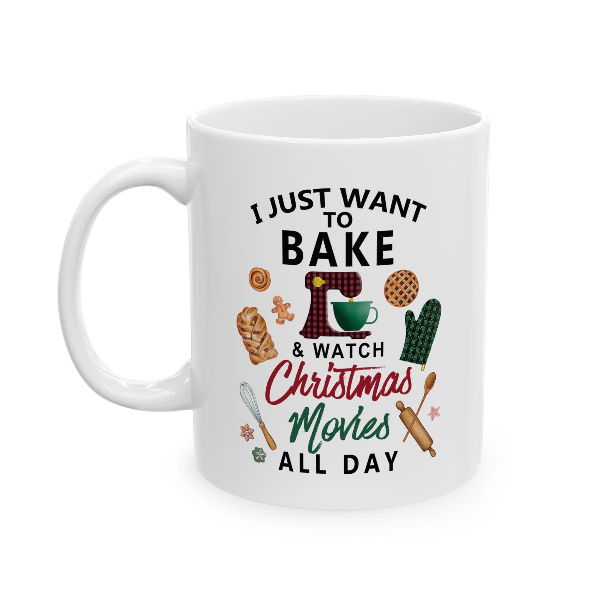 White mug with baking and Christmas movie-themed design on a white background