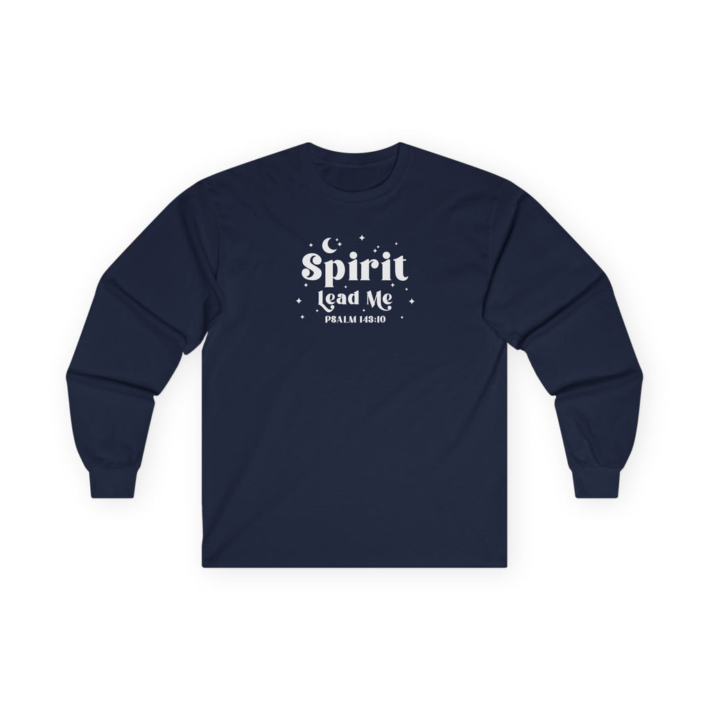 Navy long-sleeve shirt with white text "Spirit Lead Me" on a white background