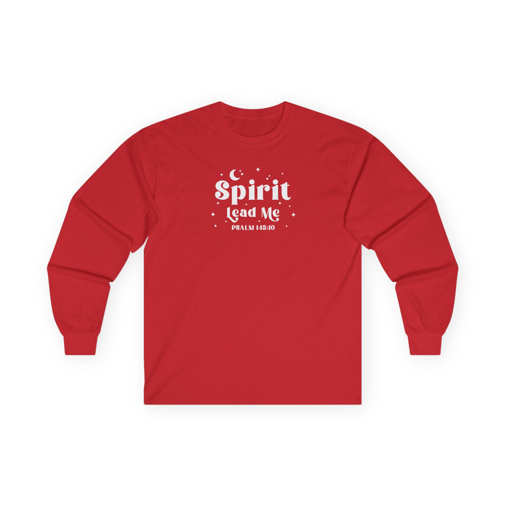 Red long-sleeve shirt with white text "Spirit Lead Me" on a white background, scripture tee shirt 