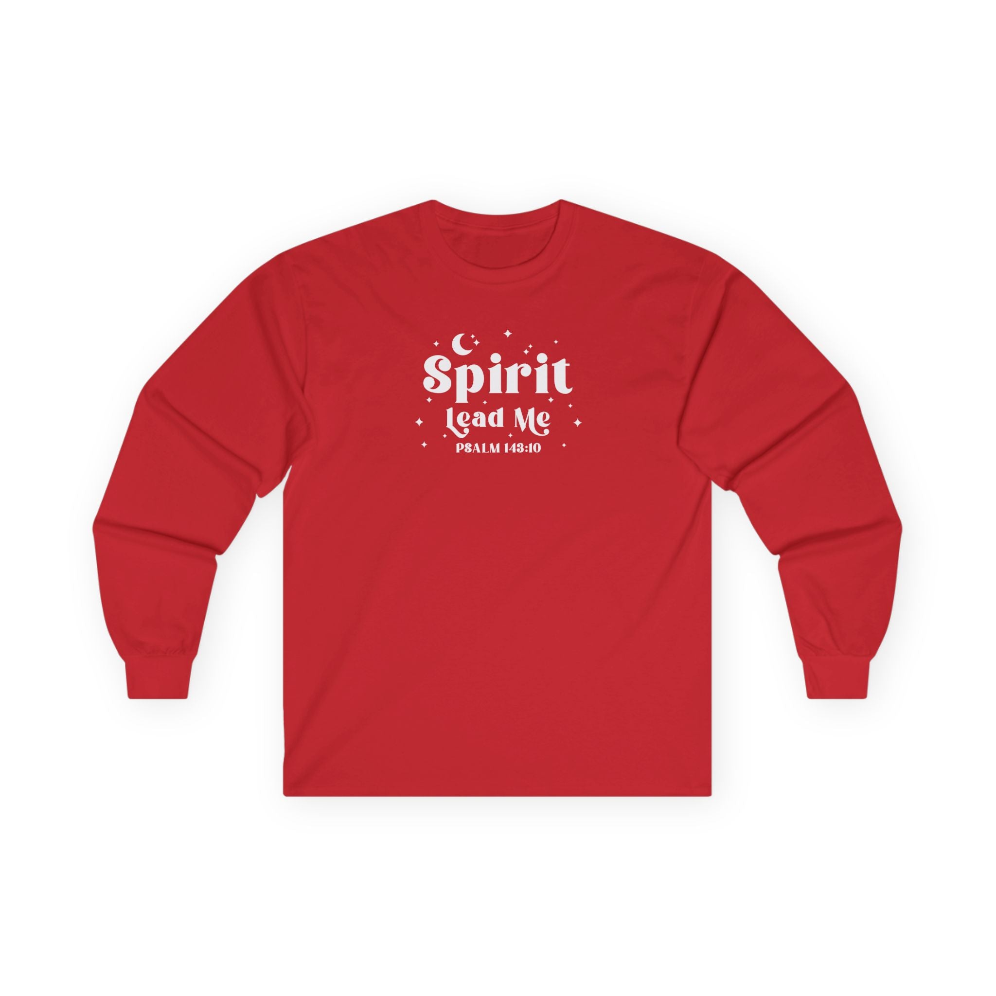 Red long-sleeve shirt with white text "Spirit Lead Me" on a white background, scripture tee shirt 