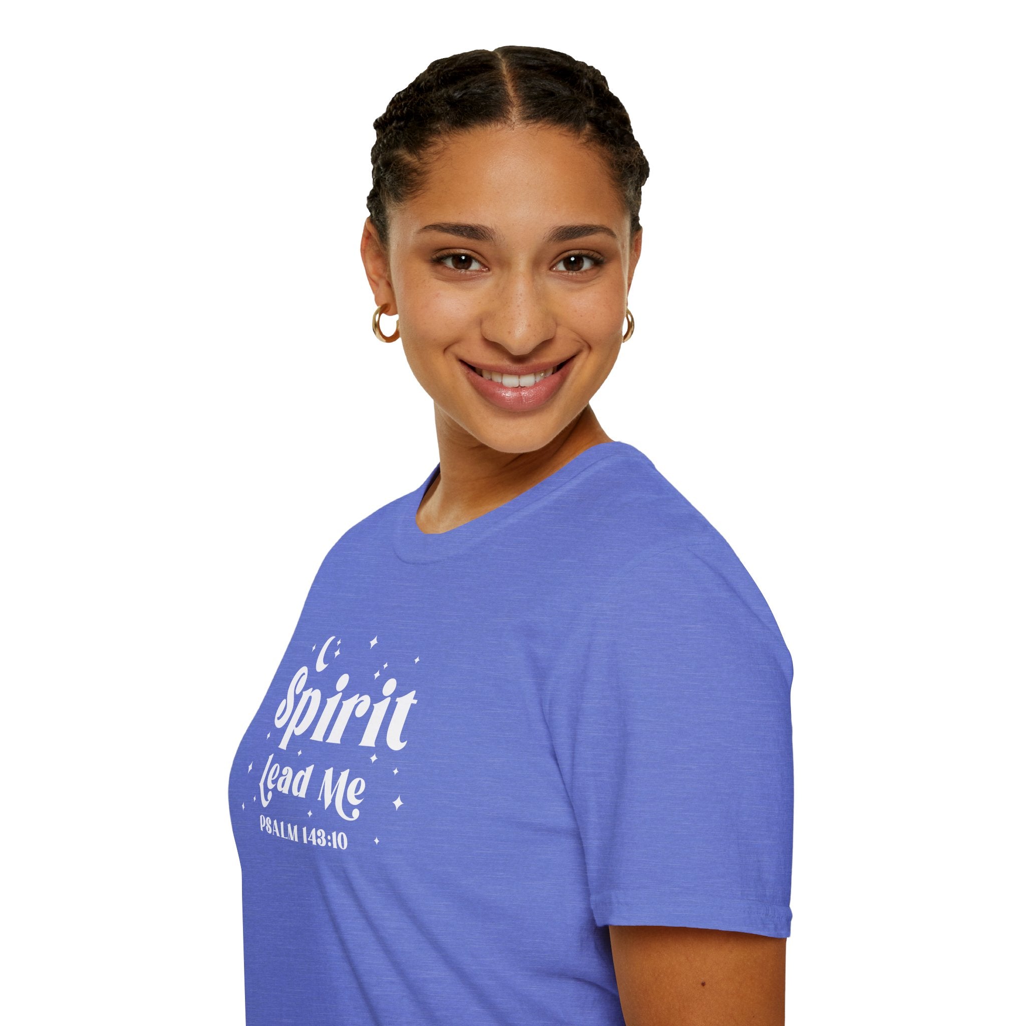 Person wearing a heather royal blue t-shirt with 'Spirit Lead Me' text on a white background