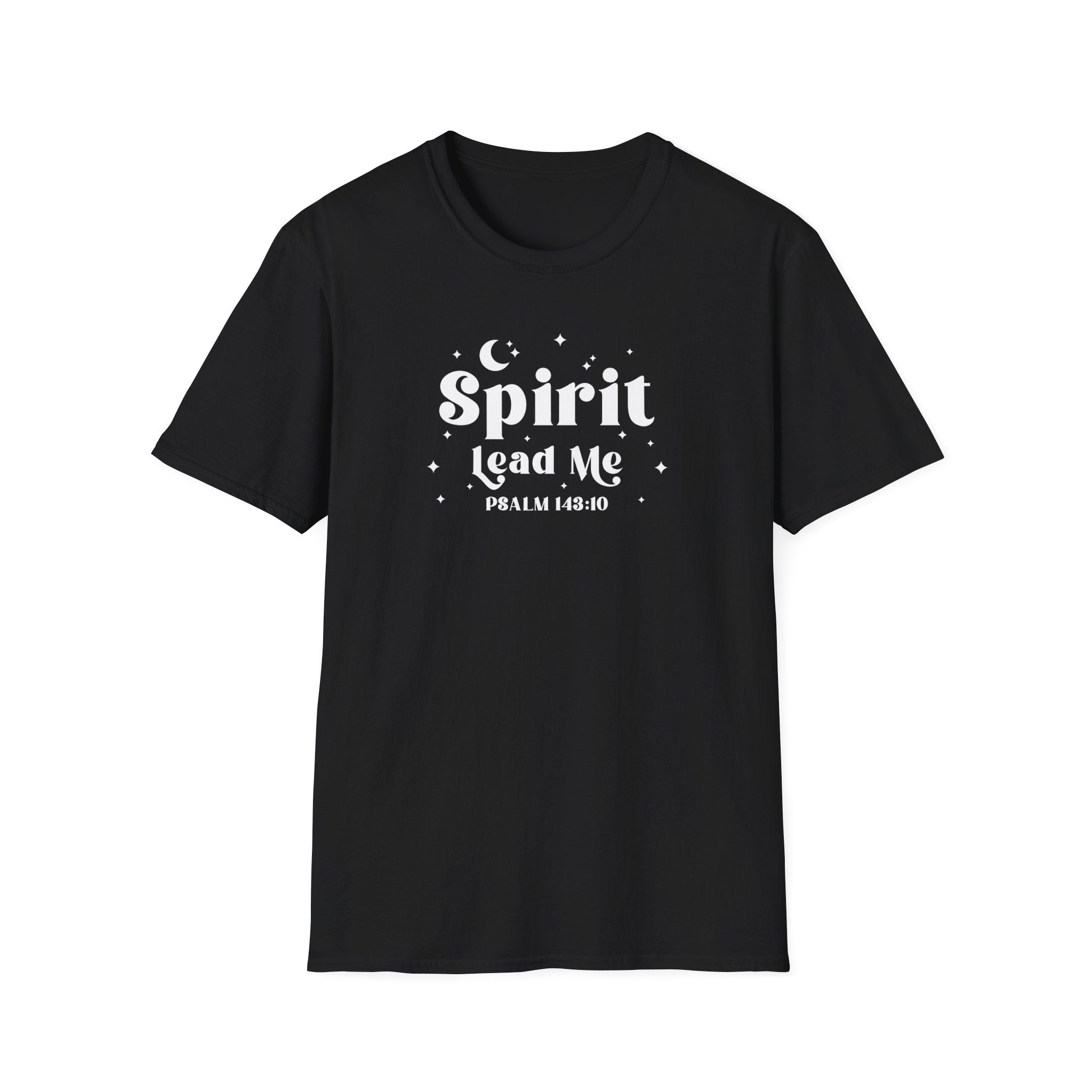 Black t-shirt with white text 'Spirit Lead Me Psalm 27:24' on a white background