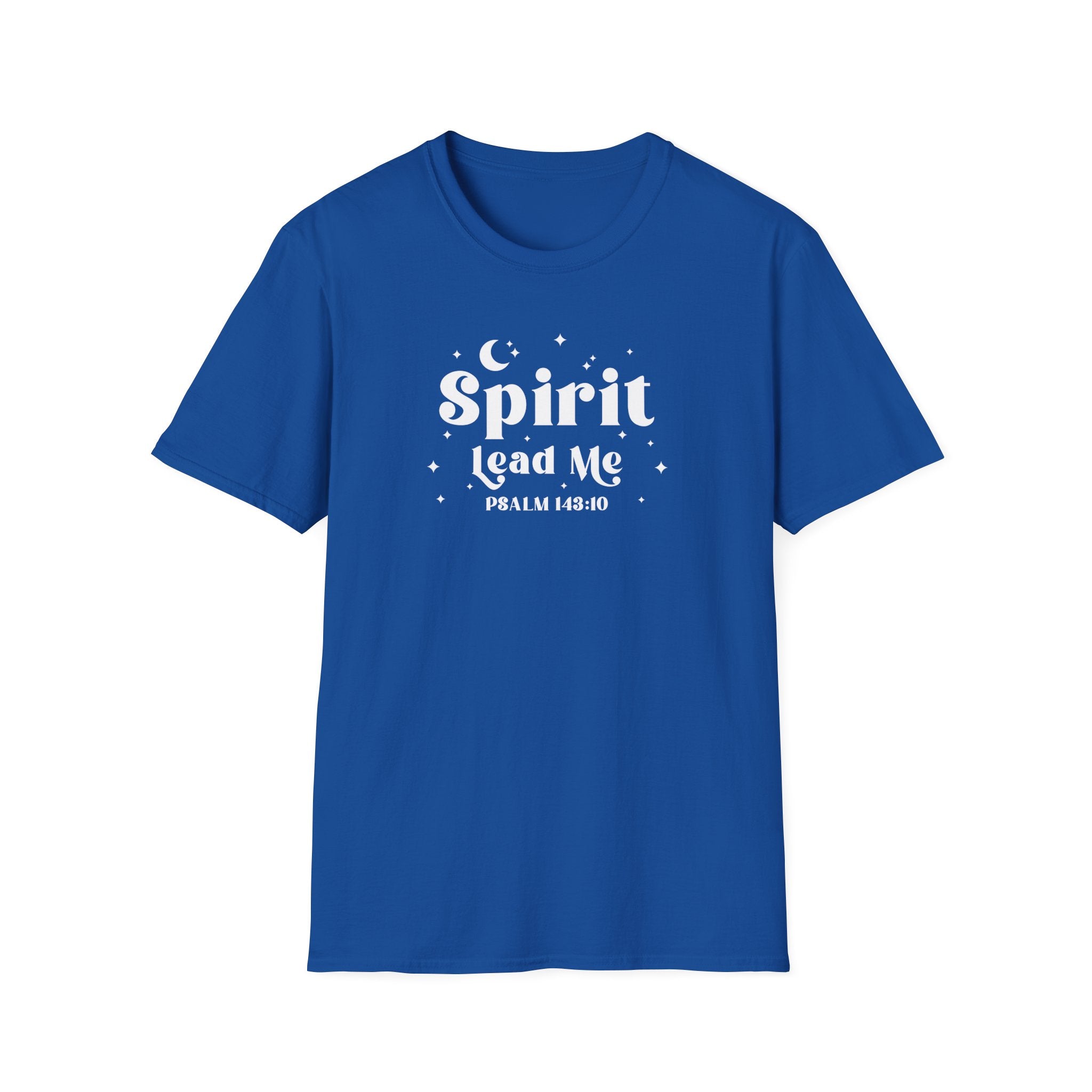 Royal Blue t-shirt with white text 'Spirit Lead Me' on a white background, Gildan 64000 t shirt