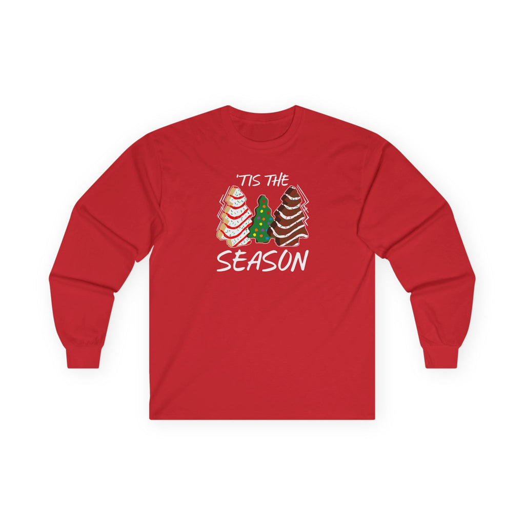 Red long-sleeve shirt with Christmas tree design and 'Tis the Season text on a white background. Christmas Tree Cakes