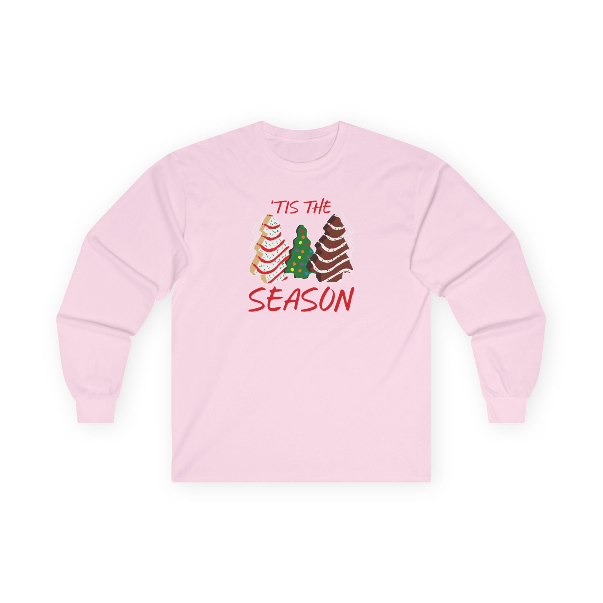 Light Pink long-sleeve shirt with Christmas tree design and text on a white background, Tis The Season Christmas Tree Cakes,