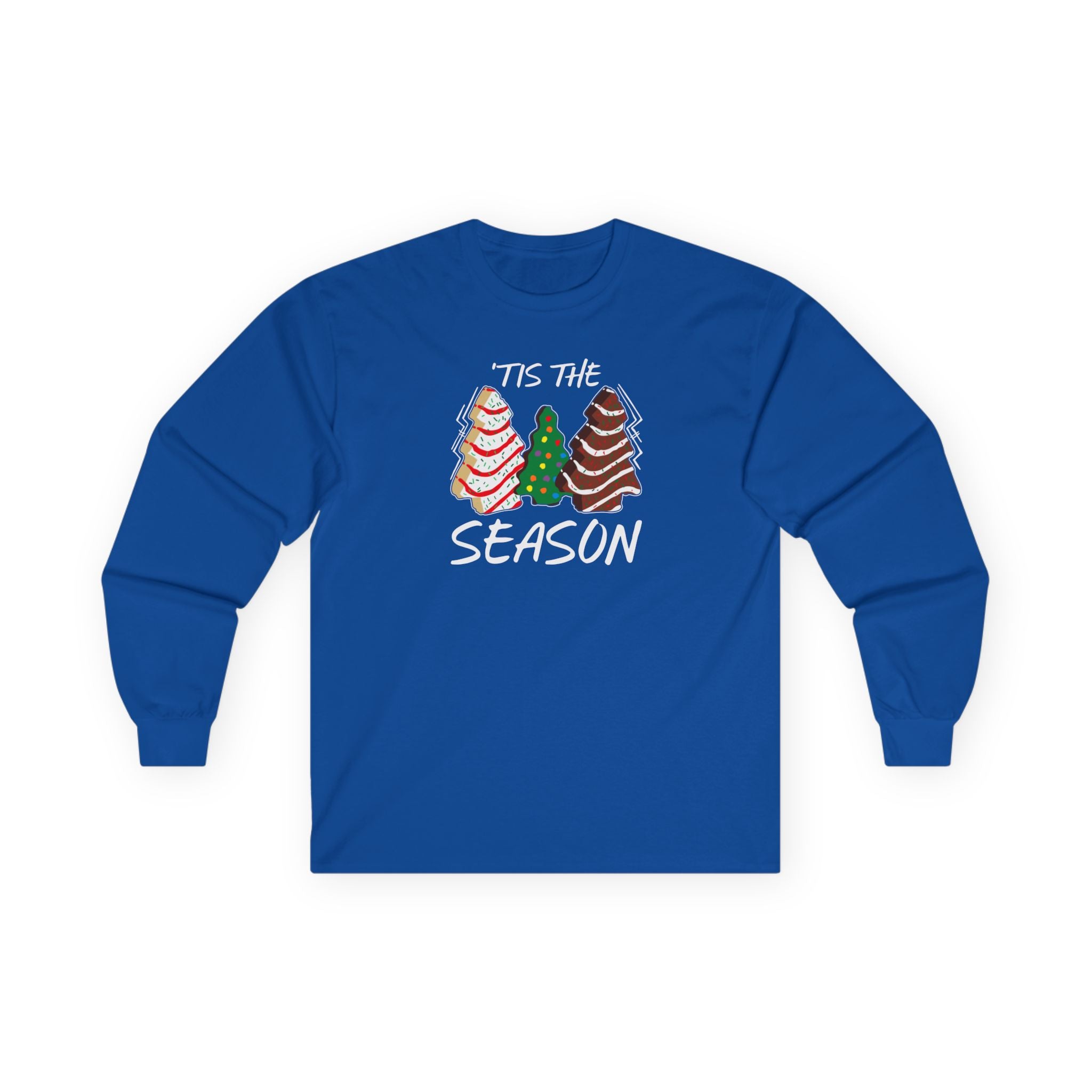 Royal Blue long-sleeve shirt with Christmas tree design and 'Tis the Season text on a white background