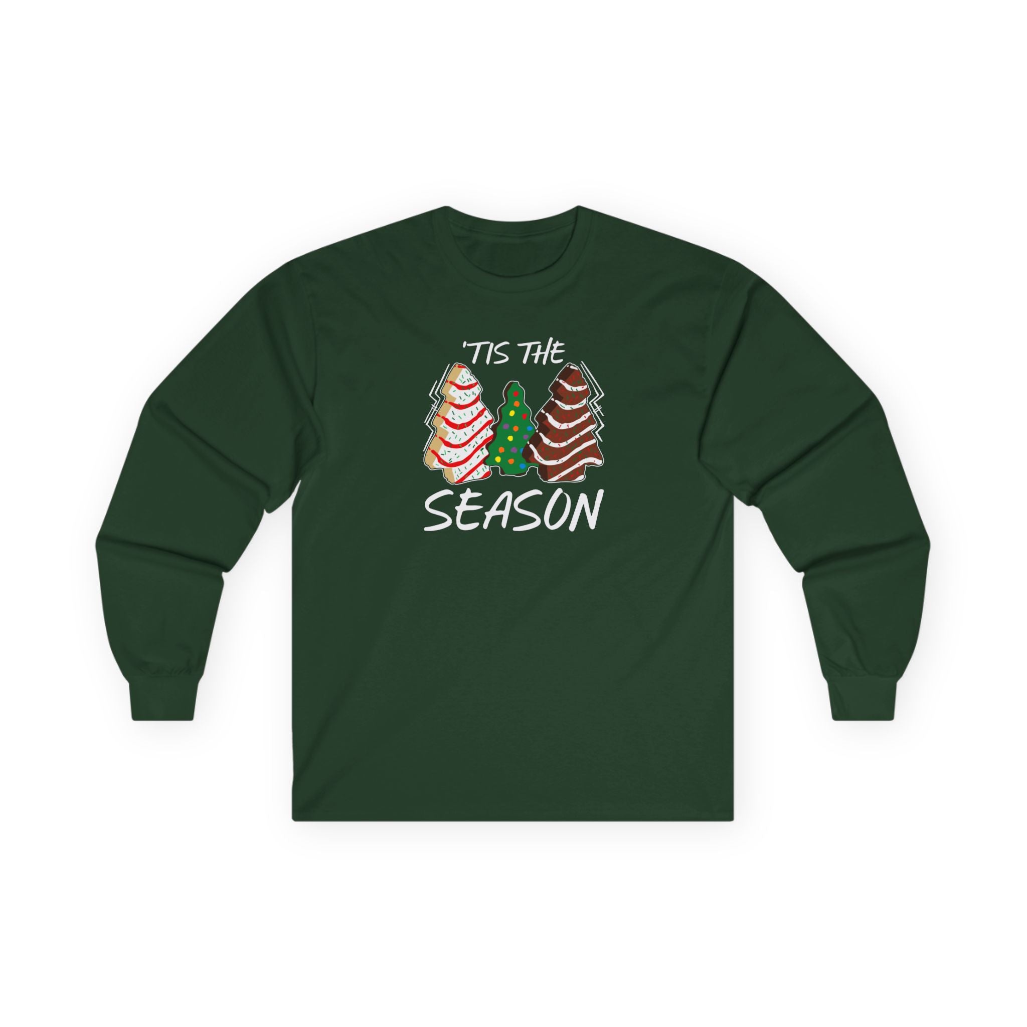Green long-sleeve shirt with Christmas tree cakes and 'Tis the Season text on a white background.