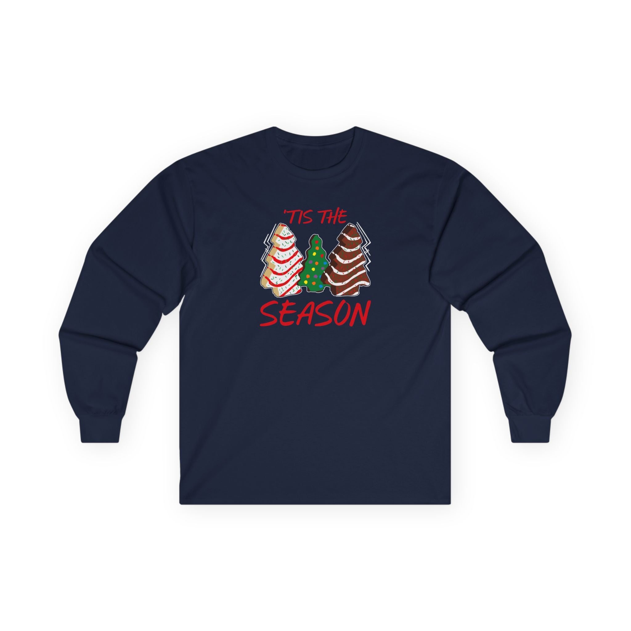 Navy long-sleeve shirt with Christmas Tree cakes themed design on a white background, Tis the Season Christmas Tree Cakes Snacks