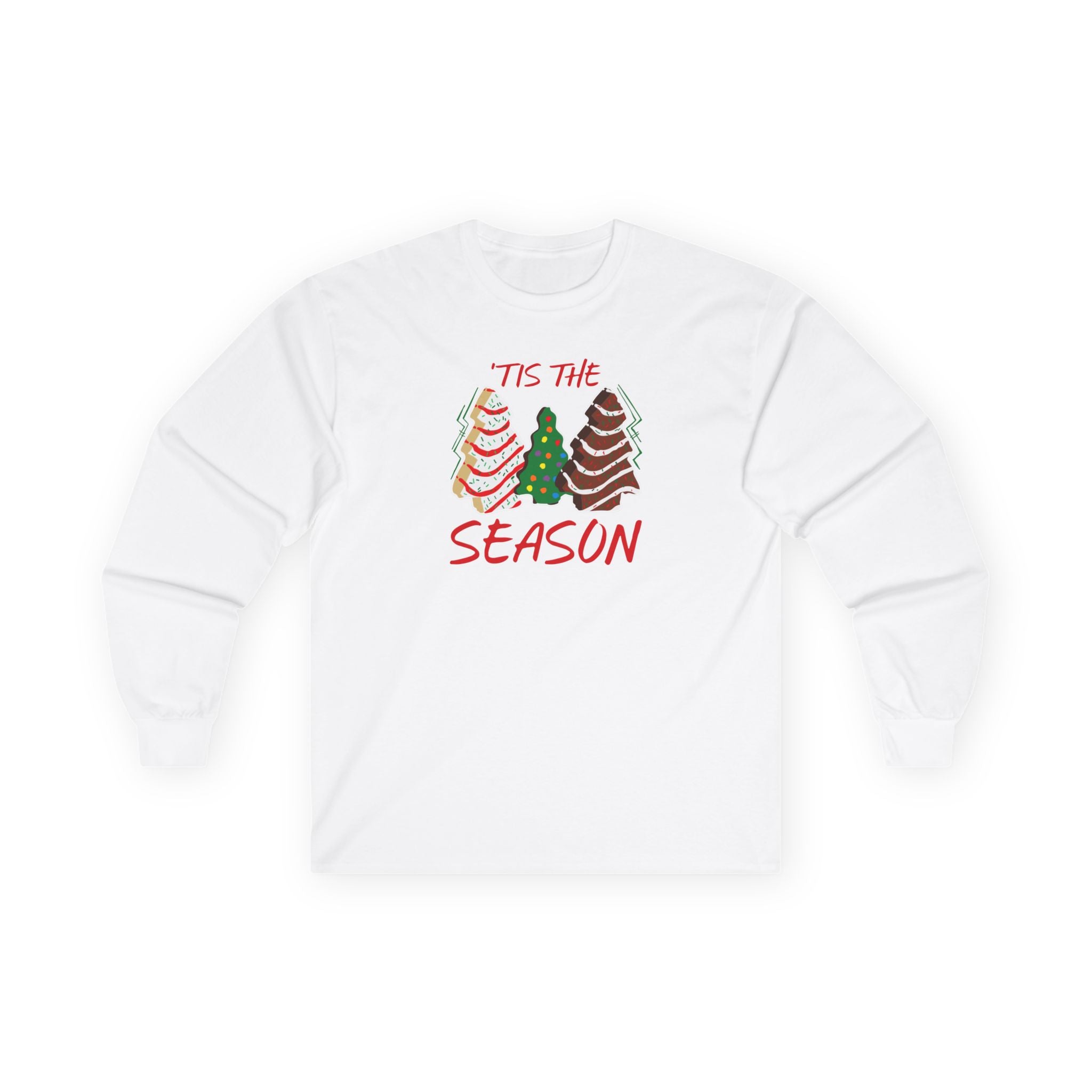 White Long Sleeve T shirt with Christmas tree cakes design and 'Tis the Season text on a white background