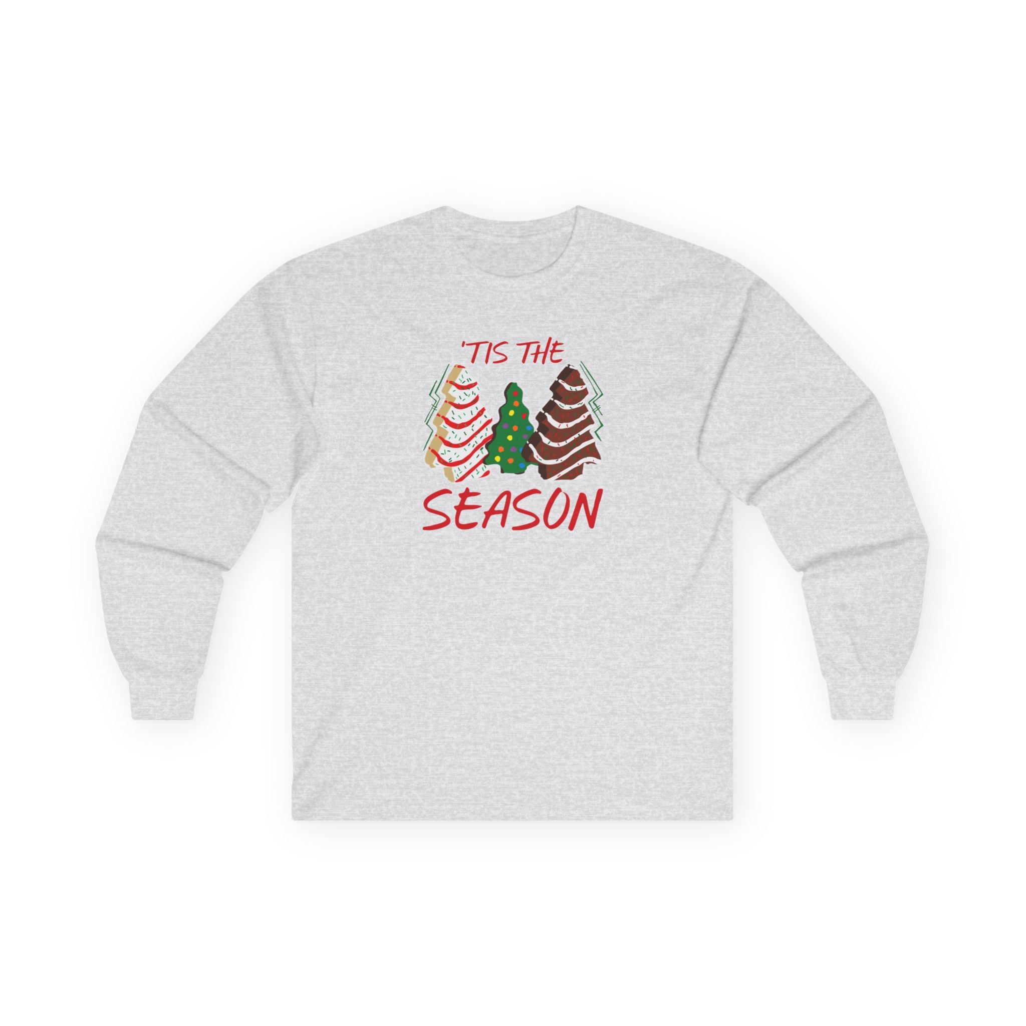 Ash Gray long sleeve Tee with Christmas tree design and text on a white background, Tis The Season Christmas Tree Cakes